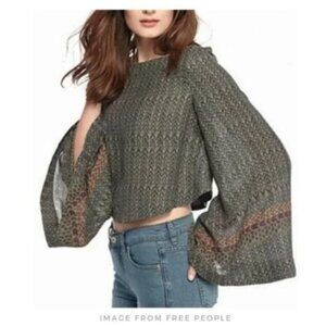 Free People Jade‎ Green Stars Aligned Patterned Bell Sleeve Crop Blouse Top Sz S